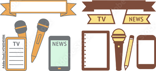 Journalism and media icons set with microphones notebooks and smartphones for news reporting