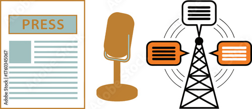 Journalism and media icons news broadcasting communication and information transmission concepts