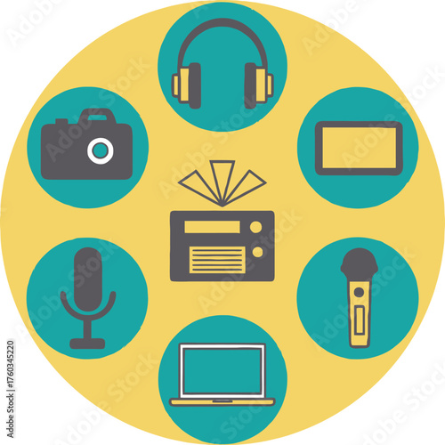 Diverse set of journalism and media equipment icons in a circular arrangement for digital media