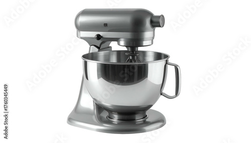 Shiny grey stand mixer with stainless steel bowl and black background