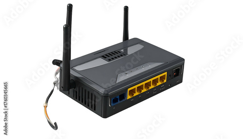 Gray electronic router with ethernet ports and two antennas