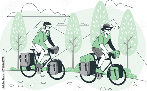 Two Cyclists on a Mountainous Landscape with Trees and Clouds Keywords: cyclists, cycling, bicycles, touring, adventure, travel, mountains, landscape, trees, nature, outdoor, recreation, healthy