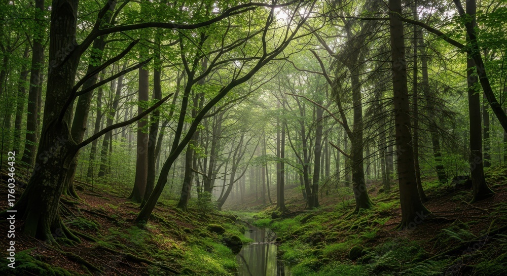 Naklejka premium Enchanting forest landscape showcasing tranquil stream with vibrant foliage and shrouded trees