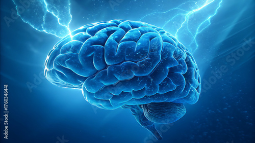 A detailed 3d rendering of a human brain with lightning strikes, showcasing its complex structure and intricate details against a blue background