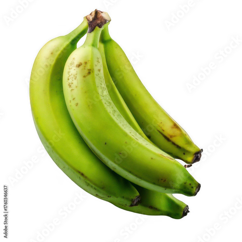 raw green plantain fruit, close-up studio shot still life of single unripe plantain isolated on white and transparent background