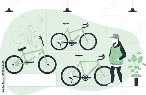 Man shopping for bicycles in a store with multiple bikes on display and a salesman retail