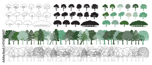 Architectural drawings, minimal style CAD tree line illustration, side view set of section and wetland forest outlines for landscape design, vector illustration in separate elements