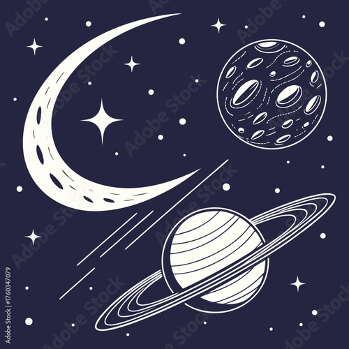 Whimsical vector illustration of celestial bodies moon planets stars space nebula abstract art