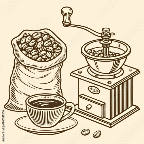 Vintage coffee grinder with bag of beans drawing