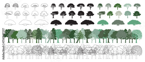 Architectural drawings, minimal style CAD tree line illustration, side view set of section and wetland forest outlines for landscape design, vector illustration in separate elements