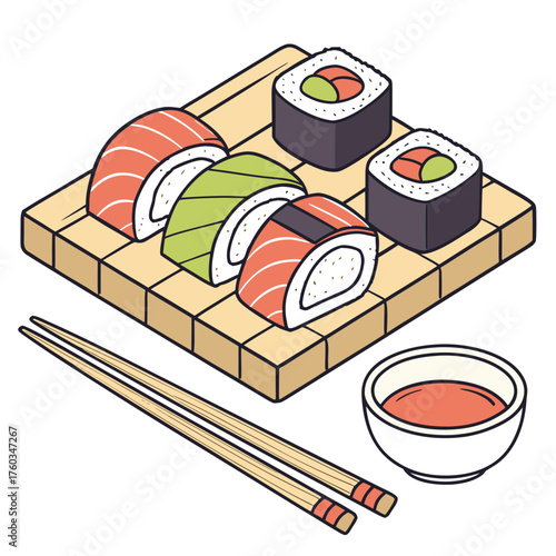 Sushi set on wooden board, served with soy sauce