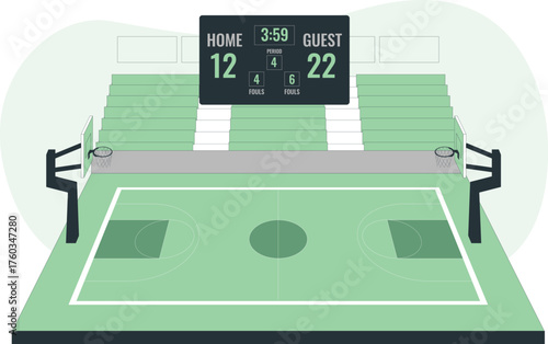 Basketball court with scoreboard showing home 12 and guest 22, and bleacher seats arena stadium