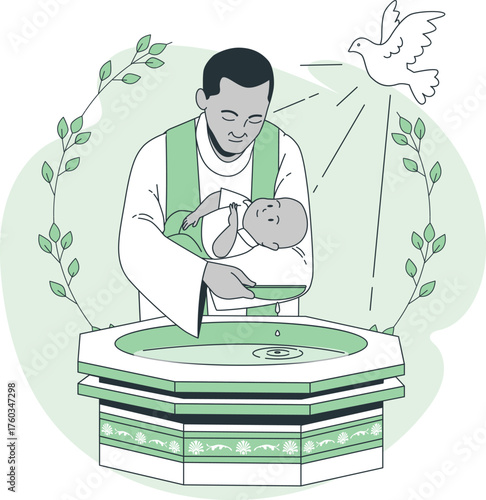 Priest baptizing a baby in a font with a dove flying above baptism religious ceremony