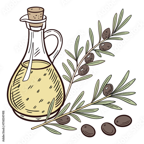Olive oil in glass bottle with branch
