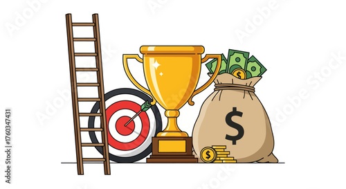 Achieving Financial Goals: Trophy Money Bag Target and Ladder.