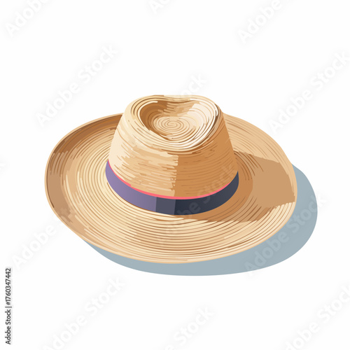 A classic woven straw fedora hat with a colorful ribbon band, an essential summer accessory for sun protection on a beach vacation, isolated vector illustration