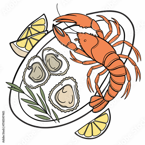 Lobster and oyster seafood platter with lemon wedges on