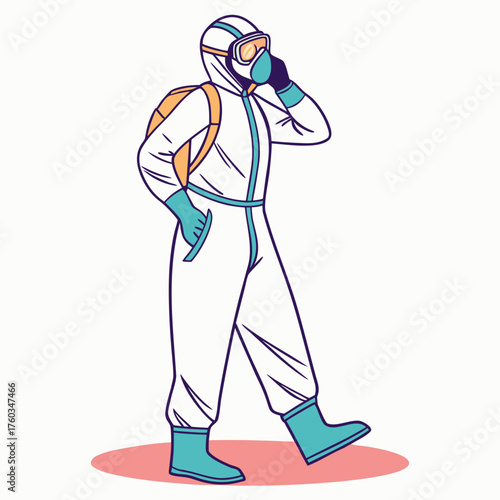Man in hazmat suit walking and talking on the phone