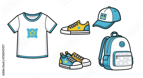 Colorful Cartoon Childrens Outfit Collection: T-shirt Sneakers Cap Backpack.