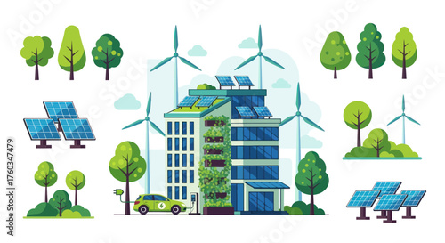 Sustainable Building with Solar Panels and Wind Turbines Eco-Friendly Design.