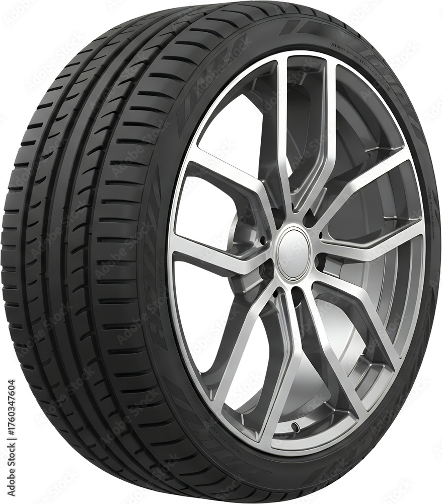 Obraz premium Close Up Of A High Performance Car Tire With A Detailed Alloy Wheel Against A Transparent Background Isolated To Allow Automotive Vehicle Transport Rubber Tread