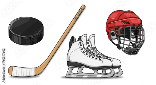 Hockey Equipment: Puck Stick Skates and Helmet Illustration.
