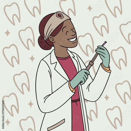 Female dentist holding dental tool with teeth pattern