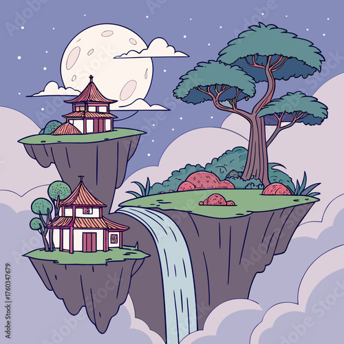 Fantasy landscape with floating islands, pagodas, waterfall, and full moon