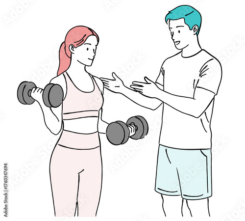 ダンベルトレーニングをする女性を指導する男性トレーナーの線画イラスト,パーソナルトレーニング,筋トレ,ジム,フィットネス
