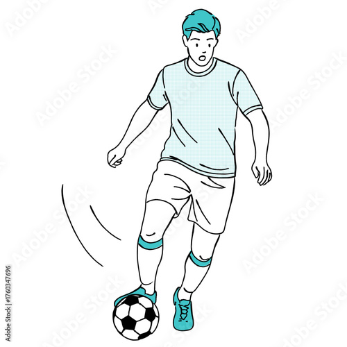 サッカーボールをドリブルする男性選手の線画イラスト,フットボール,スポーツ,運動,全身