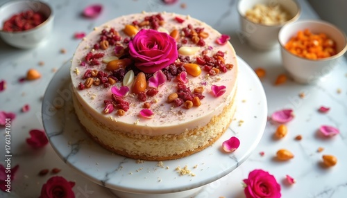 Wallpaper Mural Indian ghewar cake with rose petals and dry fruits. Creamy dessert topped with berries and nuts. Festive treat on marble stand, decorated with flowers and edible glitter. Torontodigital.ca