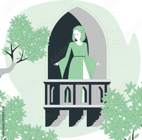 Fairytale princess in green dress looking out from a castle balcony surrounded by trees window