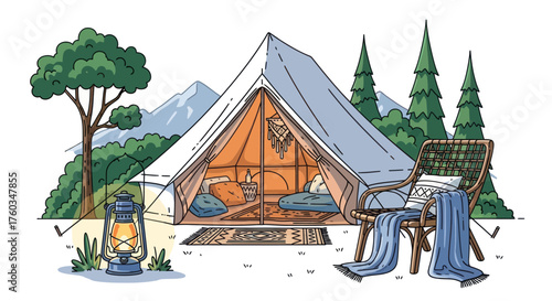 Comfortable Glamping Tent Setup in Nature with Chair and Lantern.