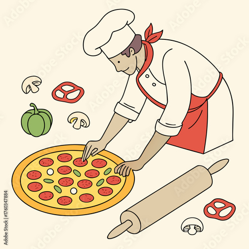 Chef preparing pizza with fresh ingredients, rolling pin on the table
