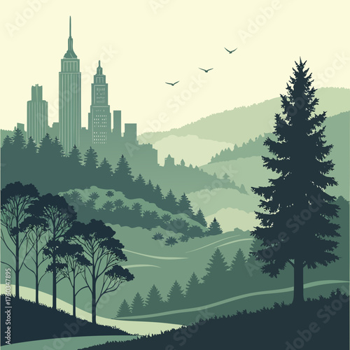 City and nature landscape with forest, hills, and skyscrapers in the distance