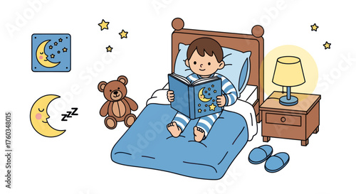 Young Boy Reading a Bedtime Story Book in a Cozy Bedroom Setting.