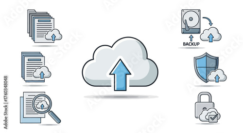 Hand-drawn Cloud Computing and Data Management Icon Set.