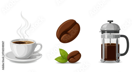 Steaming Cup of Coffee Coffee Bean and French Press Illustration.