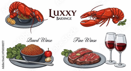 Seafood and Steak Fine Dining: Lobster Caviar and Ribeye with Red Wine.