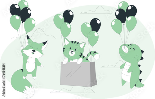 Cute Cartoon Animals Floating with Balloons and Holding a Gift Box dinosaur