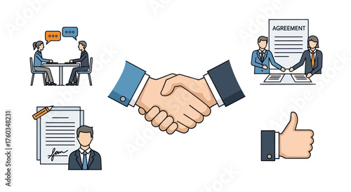 Business Partnership and Agreement Icons Illustrating Collaboration and Success.