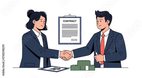 Business Deal: Man and Woman Shaking Hands After Contract Agreement.