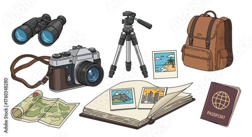 Vintage Camera Binoculars Backpack and Travel Essentials for Adventure.