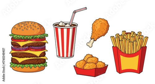 Classic Fast Food Meal Illustration Set: Burger Fries Soda Chicken.