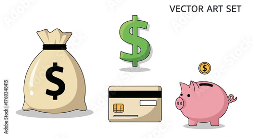 A collection of financial icons including a money bag dollar sign credit card and piggy bank.