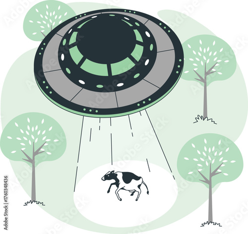 UFO abducting a cow from a grassy field with trees alien abduction