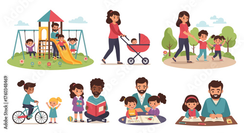 Diverse Family Activities and Childhood Moments Illustrated.