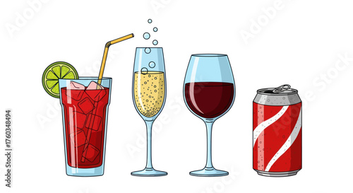Colorful Hand-Drawn Illustration of Various Refreshing Alcoholic and Non-Alcoholic Drinks.