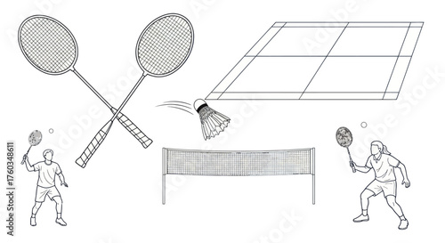 Badminton game illustration with rackets shuttlecock net and court.