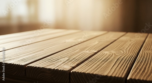 Close-up of a rustic wooden tabletop surface with blurred background and soft lighting, concept for product display, food photography backdrops and interior design mockups